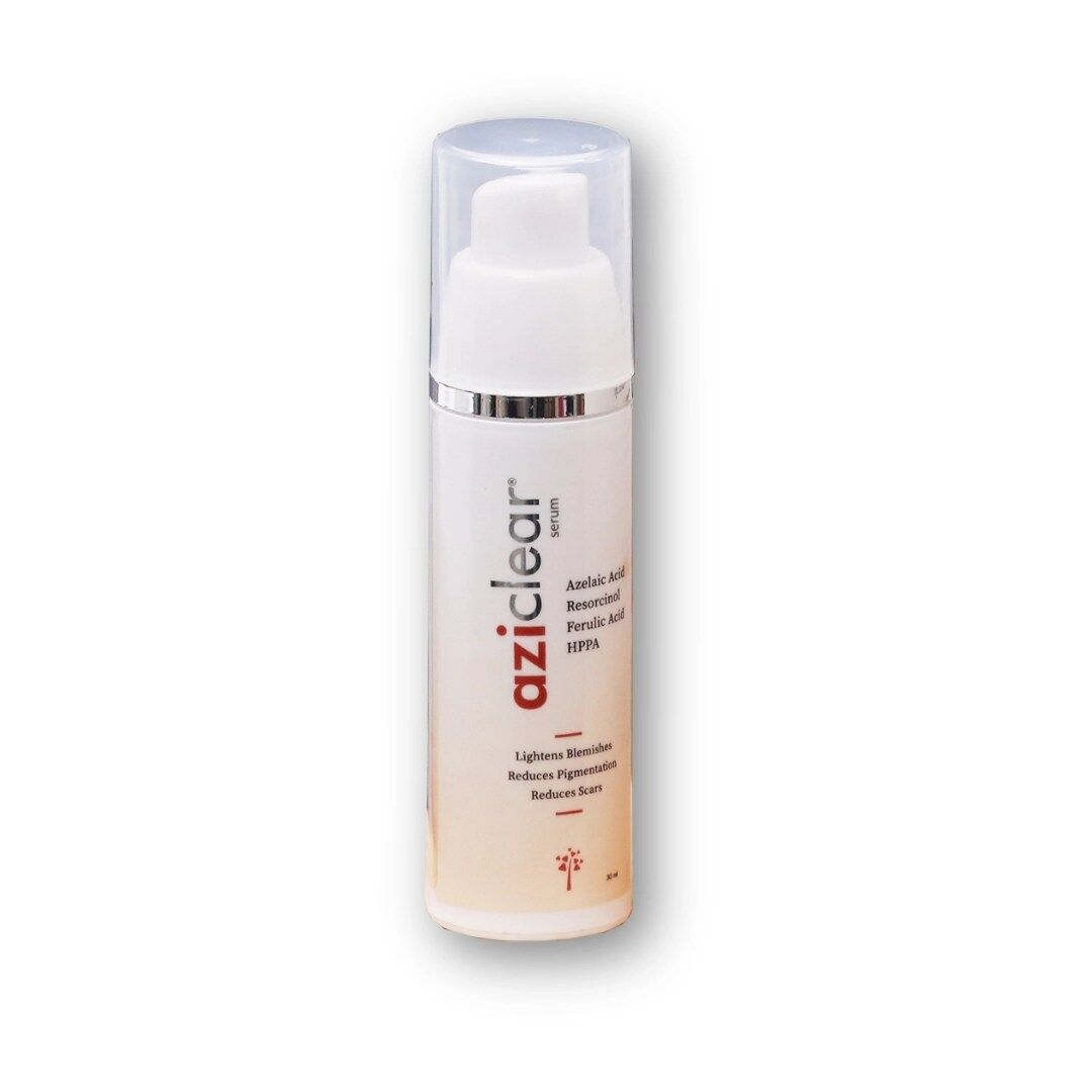 Aziclear Serum bottle, featuring a white container with a clear pump dispenser. The label includes the product name 'Aziclear Serum' prominently displayed in red, along with ingredients such as Azelaic Acid, Resorcinol, Ferulic Acid, and HPPA. The text highlights its benefits: 'Lightens Blemishes,' 'Reduces Pigmentation,' and 'Reduces Scars.